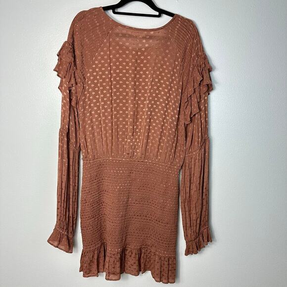 Tularosa Dress Edie Mini Smocked Ruffle Long Sleeve Satin Printed Rust Copper M - Picture 3 of 8